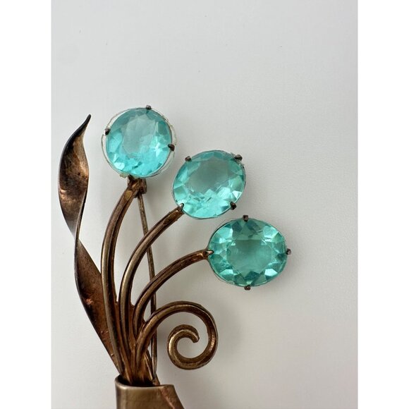 Jay Kel rose gold vermeil sterling silver aqua blue glass rhinestones brooch pin - Picture 3 of 11